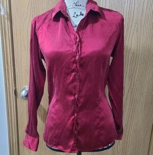 Gerard Darel Red Burgundy Elegant Silk Button Up Shirt